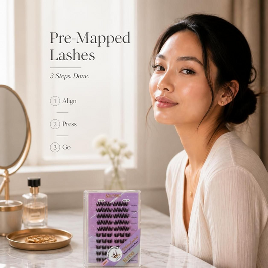 Close-up of a smiling woman wearing natural self-adhesive lash clusters, holding a pink tweezer and a pre-mapped no glue press on lash extension kit tray. Perfect for beginner makeup routine without lash glue.