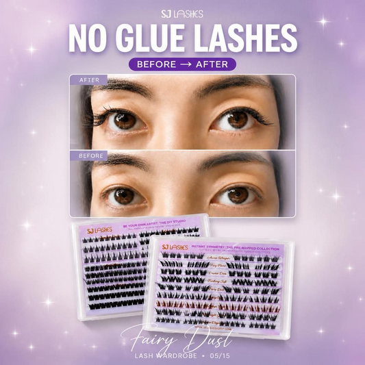 Before and after of SJLASHES Fairy Dust self-adhesive pre-mapped cluster lashes, look 5 of 15 from the lash wardrobe, no glue needed