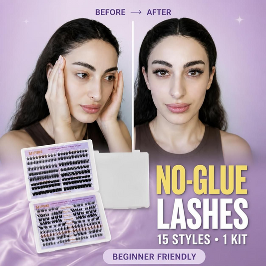 Before and after eye transformation showing added definition with DIY self-adhesive lash clusters