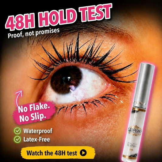 Woman testing extreme 48 hour waterproof and tearproof hold of SJLASHES latex-free eyelash glue using tissue and cotton swab.