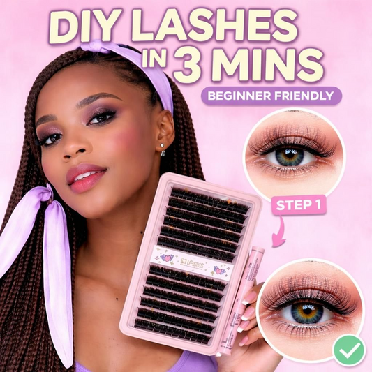 SJLASHES 100D and 200D Mega Volume DIY Lash Extension Kit &nbsp;|&nbsp; Alt Text: Model wearing mega volume lashes holding an SJLASHES 100D and 200D DIY eyelash extension cluster tray