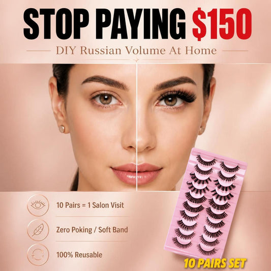 A woman wearing SJLASHES Russian Volume strip eyelashes, demonstrating a soft, fluffy makeup look. Next to her is a pink multipack tray containing 10 pairs of mixed style false eyelashes for wedding, office, and party makeup.
