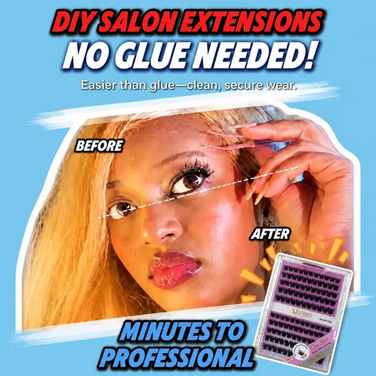 Woman applying DIY mega volume lash extensions at home in minutes without using traditional messy lash glue.