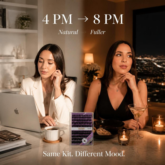 Dense or light tutorial showing SJLASHES Signature Hybrid Glue-Free Lash Clusters application under lashes, 5 minute salon look at home