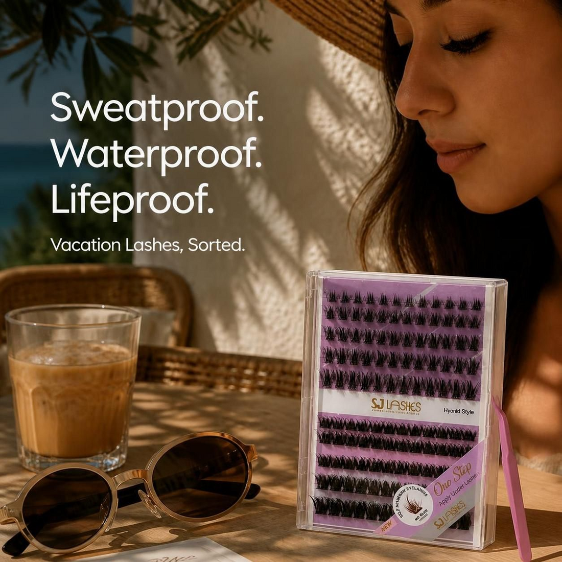 Woman wearing hybrid lash clusters at an evening rooftop dinner with the Signature Hybrid kit, a date-night lash look