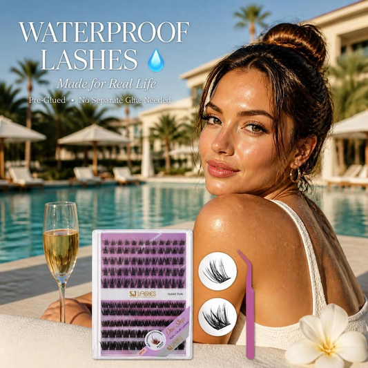 Waterproof test of SJLASHES pre-glued hybrid lash clusters with reusable C-curl, mixed-length wispy styles for easy DIY lashes.