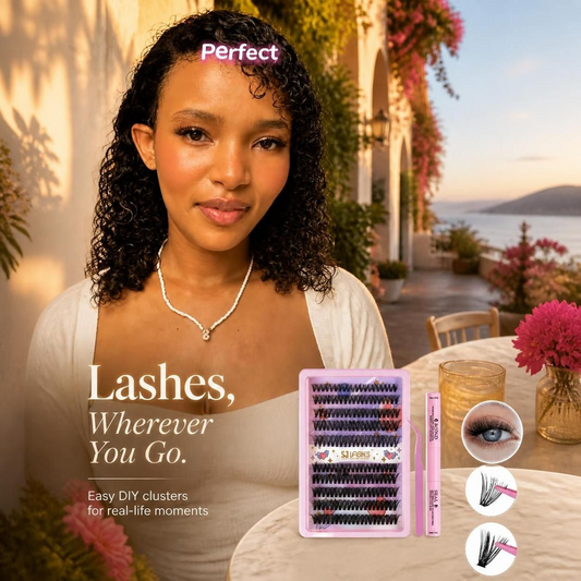 Woman wearing cluster lashes by a seaside terrace with the SJLASHES kit and the message Lashes, Wherever You Go