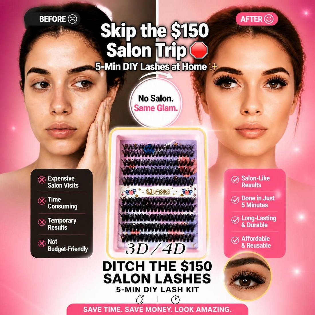 Beginner friendly DIY cluster lash extension kit with waterproof bond and seal applied on a woman for a natural bigger eye look.