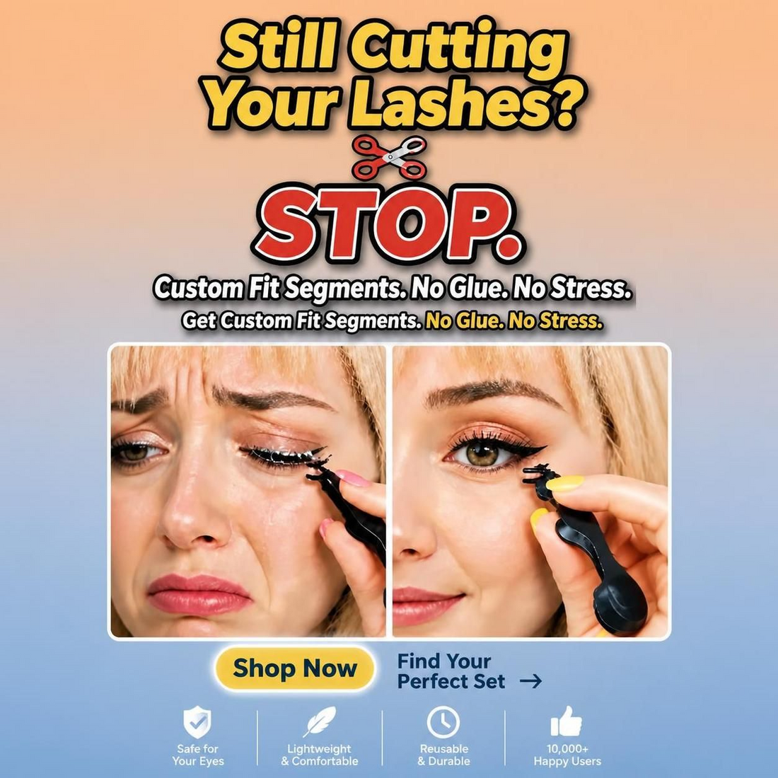 before and after magnetic segment lashes showing lifted outer corner and fuller lash line