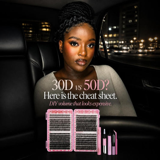 Four-step DIY cluster lash application guide showing how to apply Bond, pick up a lash cluster from the root, place clusters underneath natural lashes and finish with Seal.