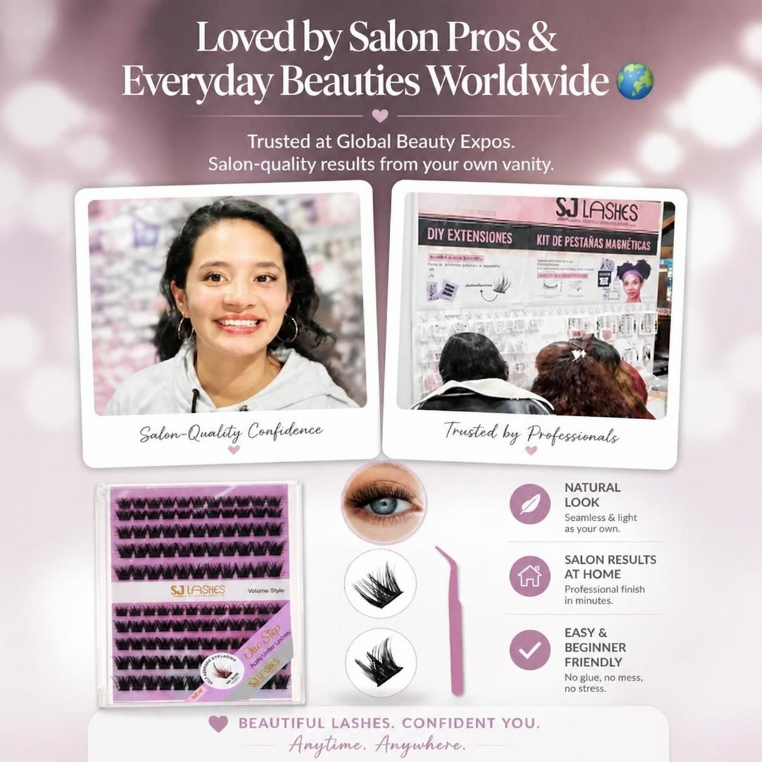 A happy woman showing off her lightweight mega volume eyelash extensions applied without glue using the SJ LASHES DIY pre-glued cluster kit. A detailed step-by-step tutorial on how to apply self-adhesive false eyelashes easily at home.
