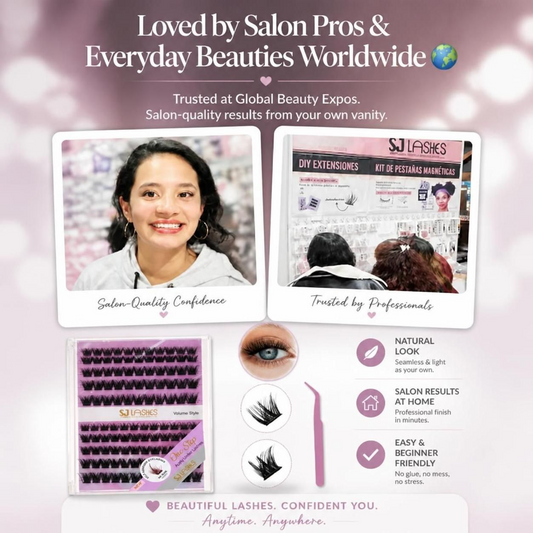A happy woman showing off her lightweight mega volume eyelash extensions applied without glue using the SJ LASHES DIY pre-glued cluster kit. A detailed step-by-step tutorial on how to apply self-adhesive false eyelashes easily at home.