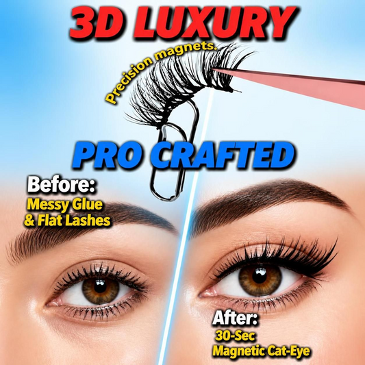 A woman holding SJLASHES Quick-Fix Magnetic Half Lash Kit. Showing 3D fluffy handmade magnetic lashes holding a metal paperclip, demonstrating strong waterproof magnetic eyeliner for an instant cat-eye makeup look.