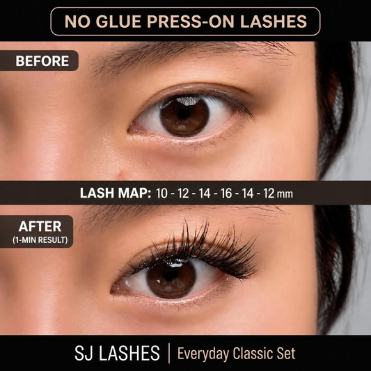 Close-up photo of glue-free wispy lash cluster application using pink precision tweezers, demonstrating a natural 10mm to 16mm eyelash mapping pattern on brown eyes for a subtle 3D wispy look.