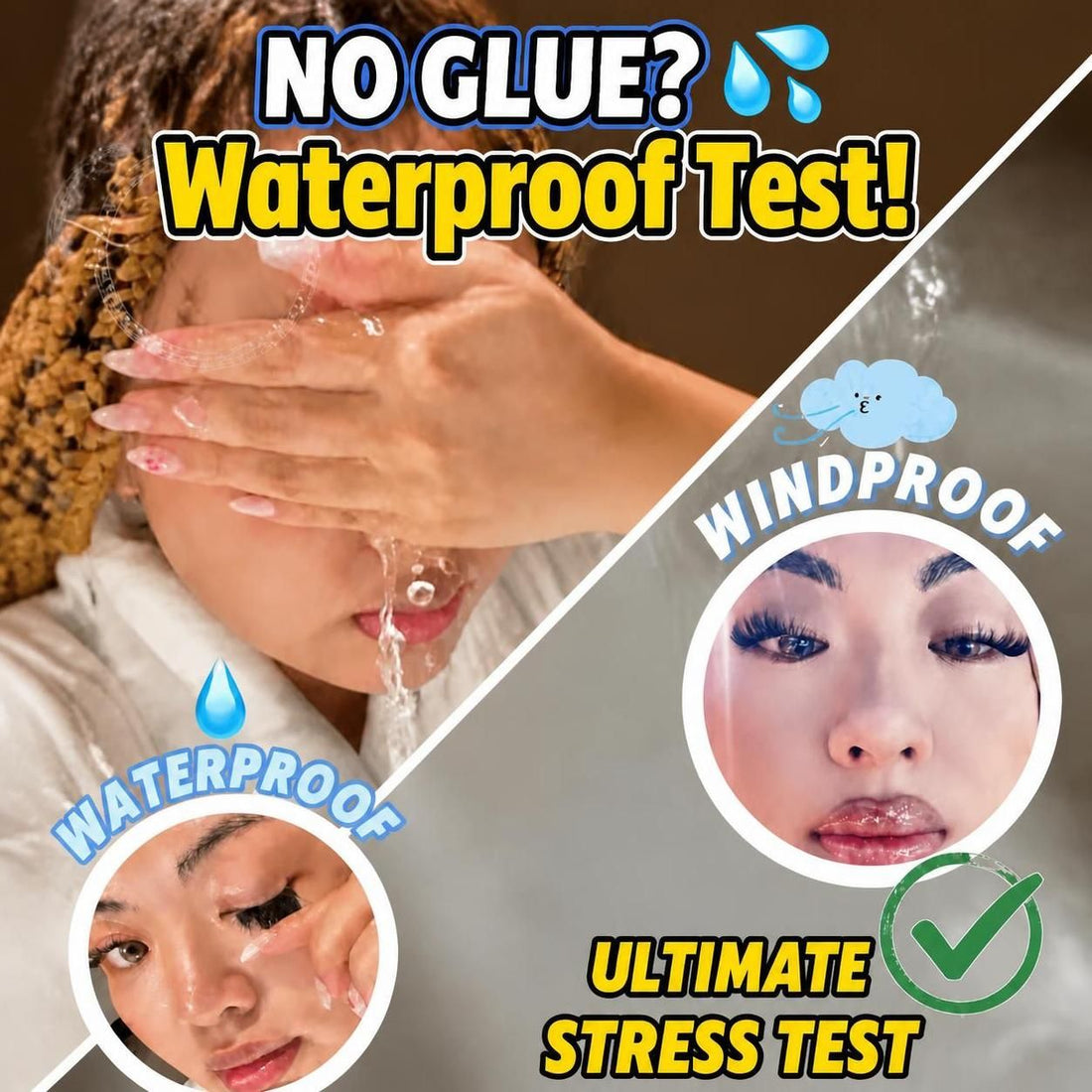 A woman applying pre-glued wispy hybrid press-on lash clusters without glue. Face wash and strong wind tested, beginner-friendly DIY lash kit for sensitive eyes.