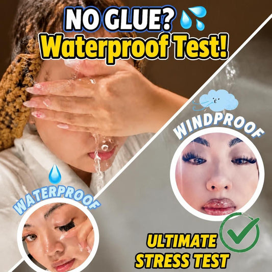 A woman applying pre-glued wispy hybrid press-on lash clusters without glue. Face wash and strong wind tested, beginner-friendly DIY lash kit for sensitive eyes.