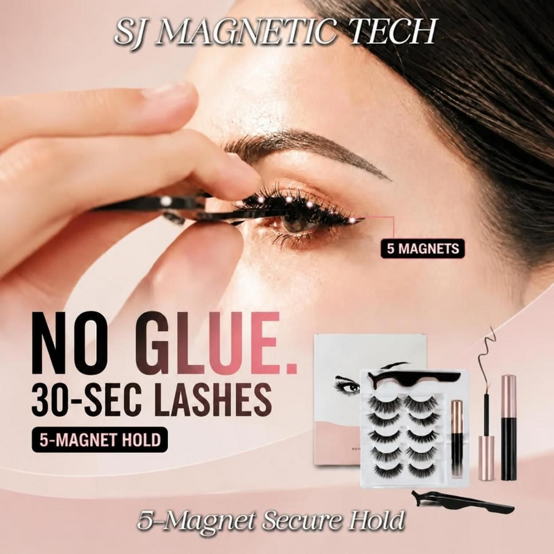 Close-up tutorial showing SJLASHES 3D magnetic eyelashes with 5 magnets, magnetic eyeliner application, no glue needed, instant eye-opening before and after result, premium synthetic reusable false lashes kit with tweezers