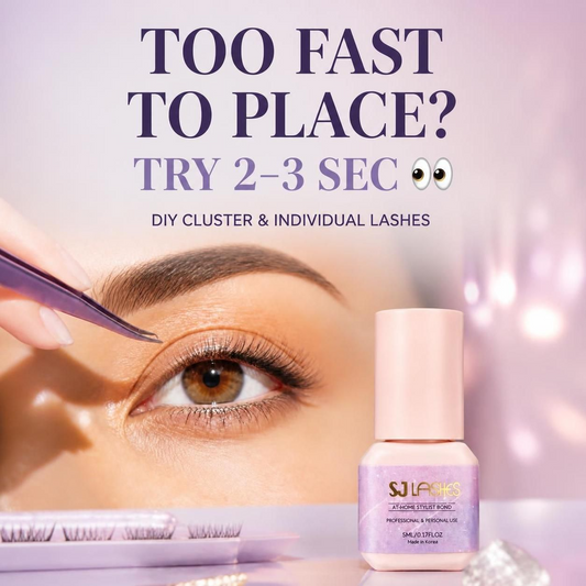 SJ LASHES At-Home Stylist Bond lash glue next to four retention test results: water, cream, foundation and cleanser