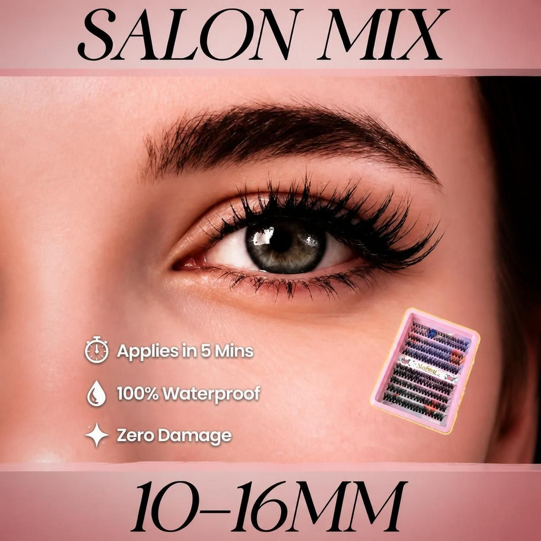 A beautiful woman smiling and holding a pink tray of SJLASHES DIY cluster lash extensions in lengths 10mm to 16mm.