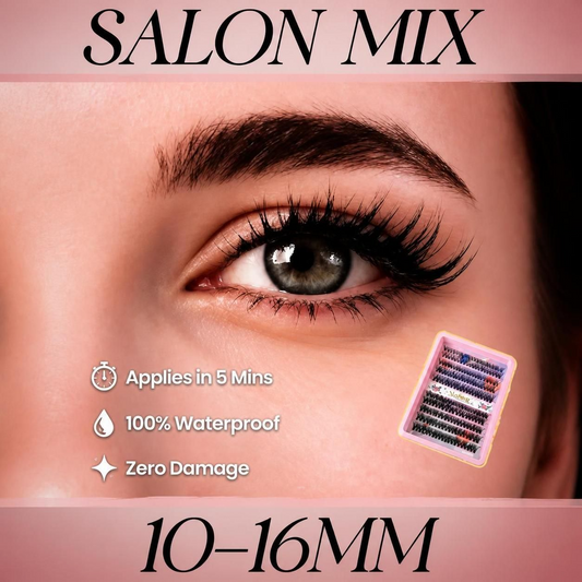 A beautiful woman smiling and holding a pink tray of SJLASHES DIY cluster lash extensions in lengths 10mm to 16mm.