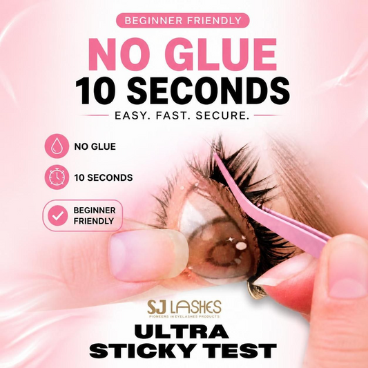 A woman showing the Mega Volume Glam Cluster Eyelash Kit with 120 glue-free lash clusters in purple packaging, demonstrating self-adhesive waterproof application under running water and wearing a Brazilian volume hybrid lash look.