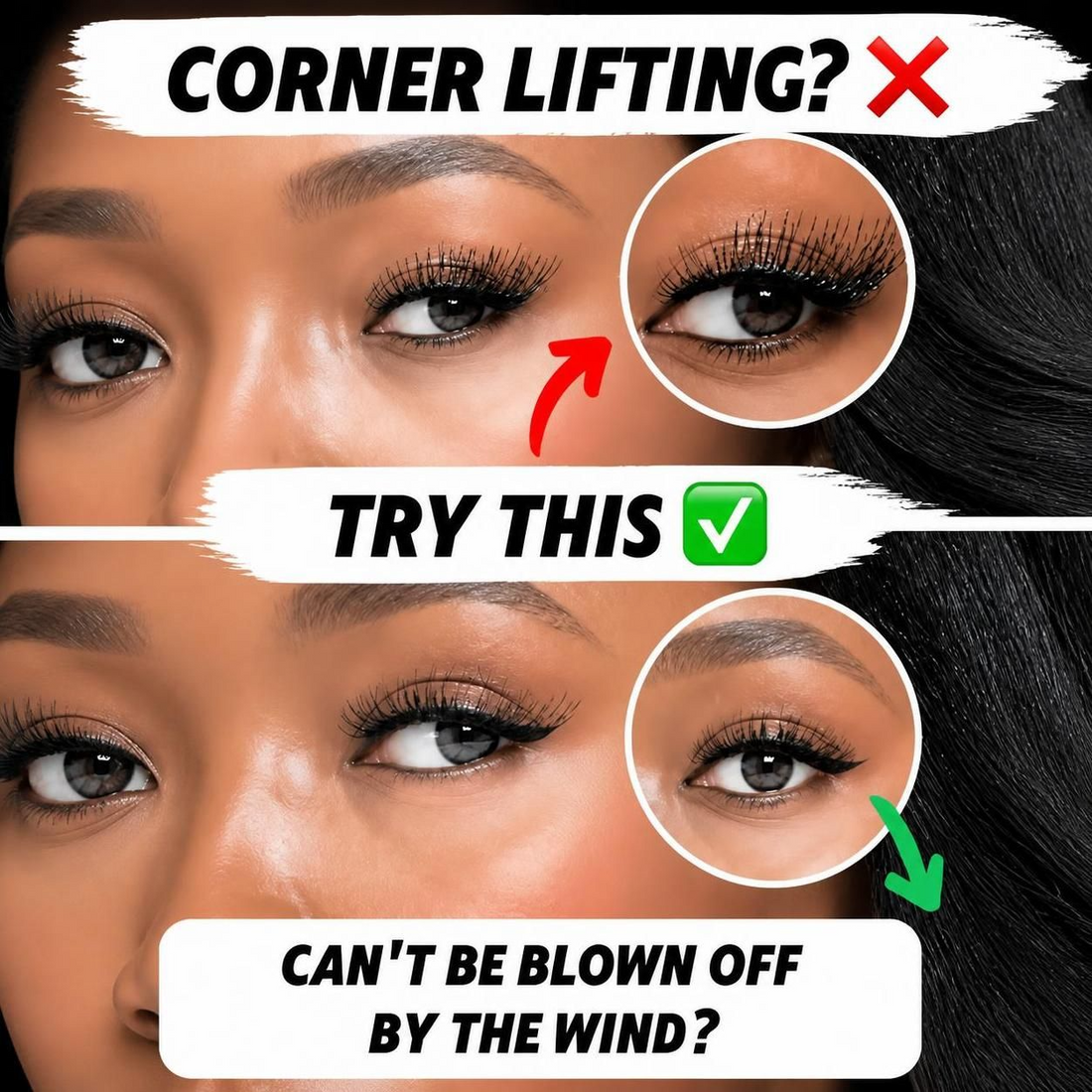 Woman wearing W shape cluster lashes that stay on in wind, wide base pre glued lashes with no lifting corners