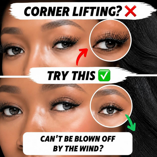 Woman wearing W shape cluster lashes that stay on in wind, wide base pre glued lashes with no lifting corners