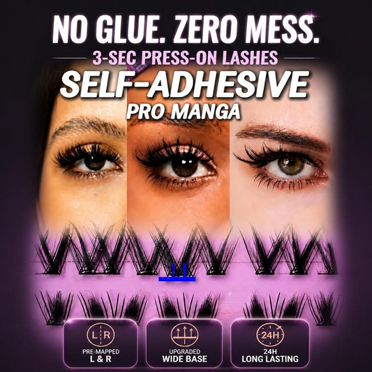Close-up tutorial of applying pre-mapped contour-strip pre-glued cluster lashes without glue, showing the wider adhesive band for beginners.