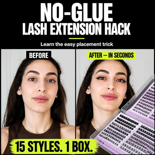 A beautiful woman applying self-adhesive DIY lash extensions at home without glue. Showing a 2-in-1 lash kit with 15 styles including pre-mapped clusters for beginners. Quick and easy natural makeup look.