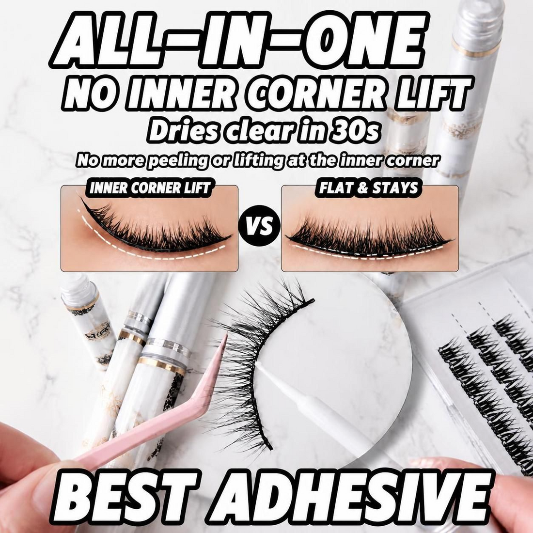Product image showing eyelash glue that applies white and dries clear for a seamless natural lash line, with a soft precision brush tip.