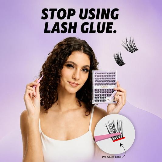 A beautiful model demonstrating the SJ LASHES premium glue-free hybrid lash cluster kit, perfect for beginner makeup and sensitive eyes in 2026.