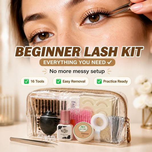 What’s included in a 16-piece eyelash extension kit for beginners: lash trays, adhesive, remover, tweezers, pads, tape, brushes, and accessories