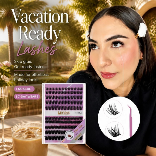 Promotional travel image showing the model, Signature Hybrid lash kit, and copy about getting ready faster for holiday looks.