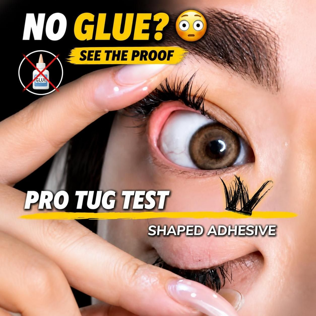 Pre-glued cluster lashes shown in a tug test demonstrating the wider shaped self-adhesive lash band