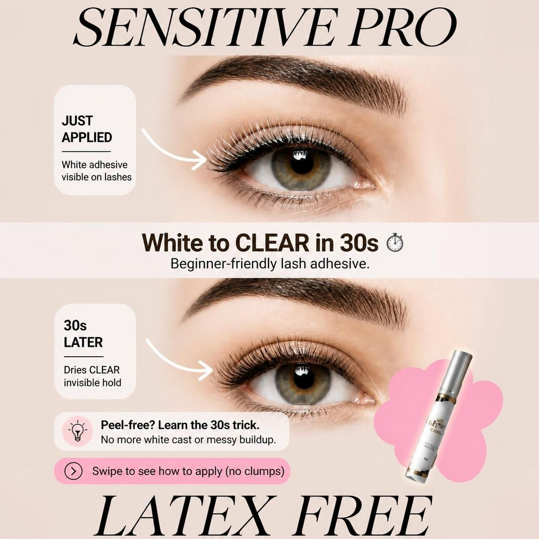 A woman showing a before and after wearing natural false eyelashes using SJLASHES latex free precision brush strip lash adhesive that applies white and dries clear.