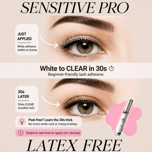 A woman showing a before and after wearing natural false eyelashes using SJLASHES latex free precision brush strip lash adhesive that applies white and dries clear.
