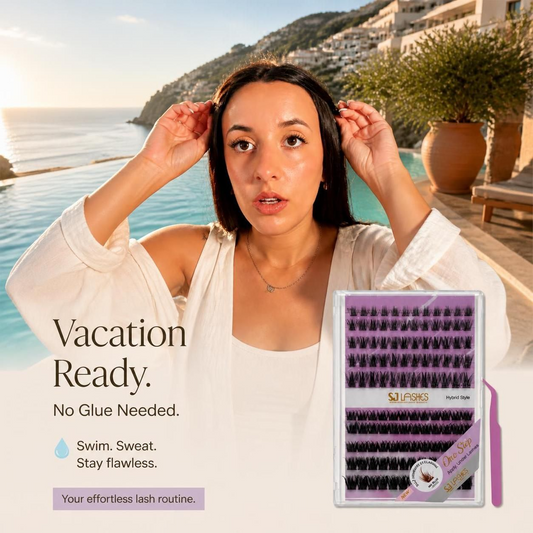 Woman applying SJLashes glue-free hybrid lash clusters at home in 10–16mm mixed lengths.