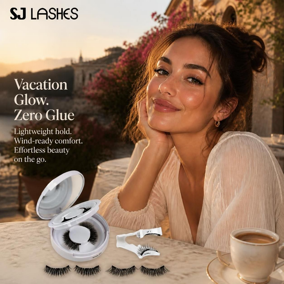 Daily wear reusable magnetic sandwich lash kit with fluttery wispy lashes, compact mirror case, magnetic applicator and secure all-day hold for beginners