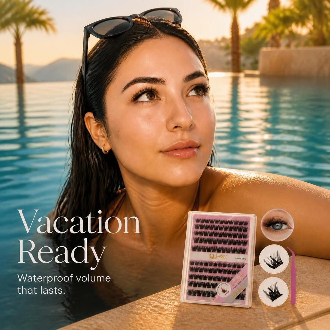 Water-resistance demonstration of glue-free mega volume lash clusters, alongside a 120-piece pre-glued kit for spiky and full-volume DIY looks.