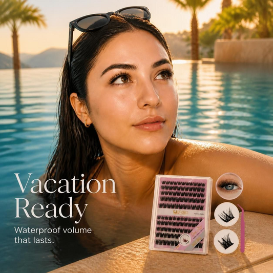 Water-resistance demonstration of glue-free mega volume lash clusters, alongside a 120-piece pre-glued kit for spiky and full-volume DIY looks.