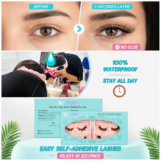 SJ LASHES Self-Adhesive Magic Kit video – 6 pre-glued no-glue lash styles in turquoise box with pro applicator, 3-second lift place press application, waterproof sweat and oil resistant wear test