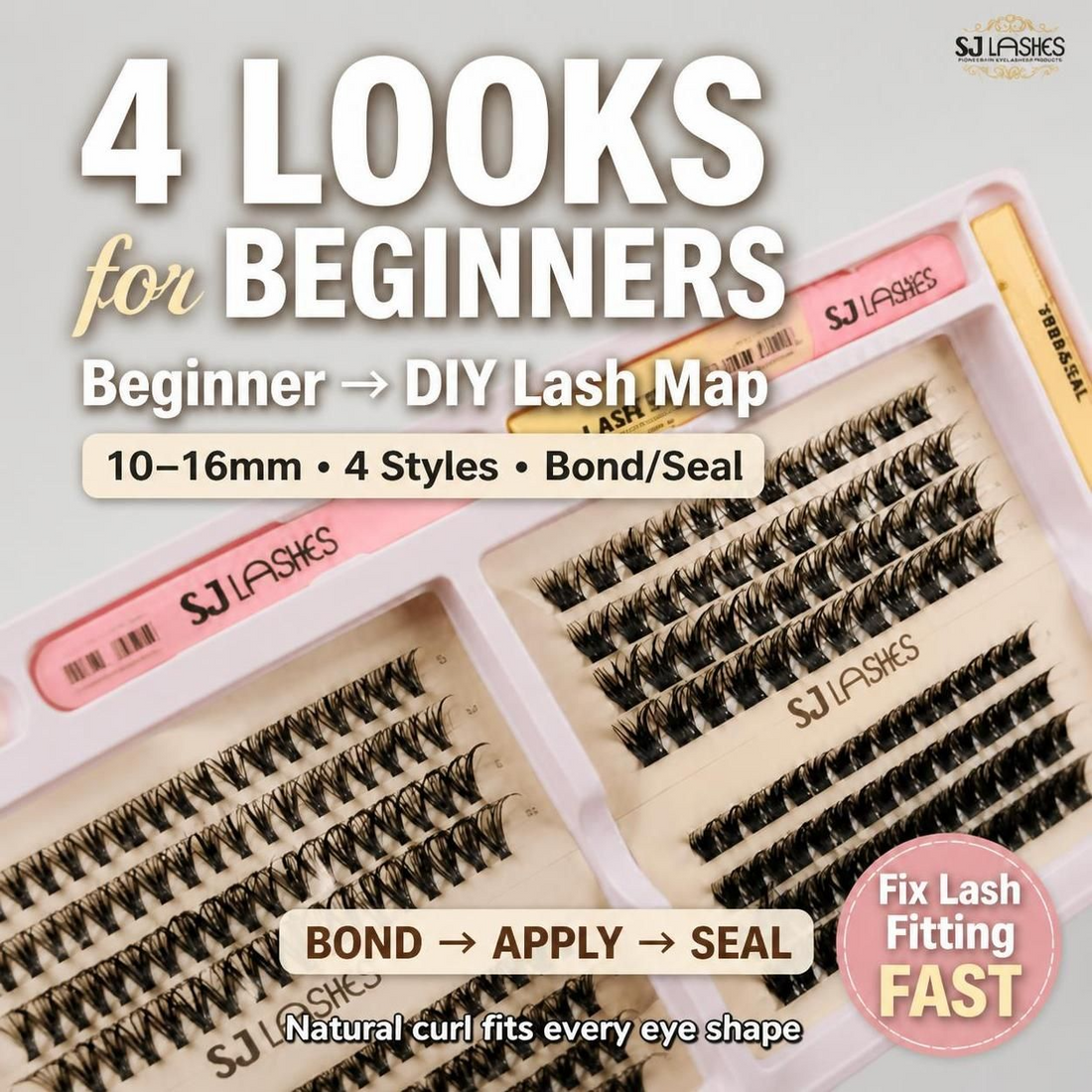 A complete SJ LASHES DIY cluster lash kit with four lash styles in mixed 10–16mm lengths, Bond & Seal, lash remover and pink applicator tweezers for creating customized false eyelash looks at home.