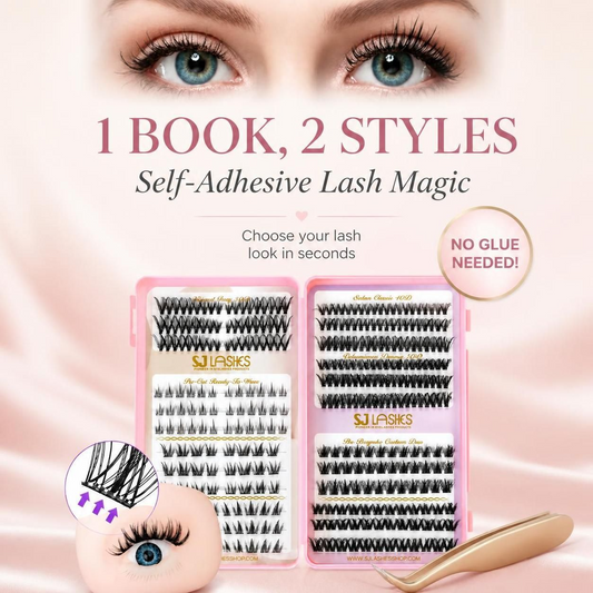 Close-up tutorial showing SJLASHES self-adhesive cluster lashes being placed underneath the lash line with tweezers. Pre-glued DIY lash extensions in 10mm, 12mm and 14mm lengths are mixed to create a customized wispy lash look without extra lash glue.