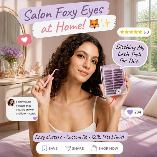 SJLASHES Foxy Eye Volume 50D pre-glued press-on cluster lash kit featuring a lifted cat-eye look, 8–16mm lash mapping, application tool and easy under-lash application with no separate lash glue needed.