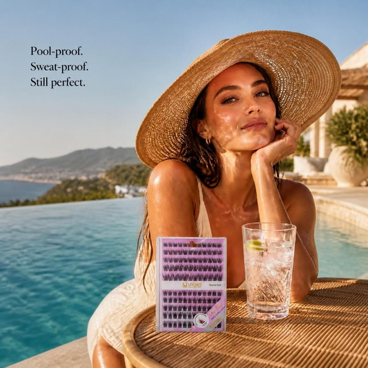 Woman in a straw hat by an infinity pool wearing SJLASHES pre-glued lash clusters with the Everyday Classic kit on the table, pool-proof and sweat-proof lashes for beach vacations