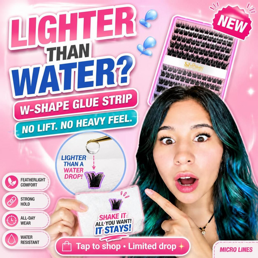 A girl showing surprise at the ultra light w shape pre glued cluster lash kit, demonstrating it is lighter than a water drop and stays on without messy lash glue.
