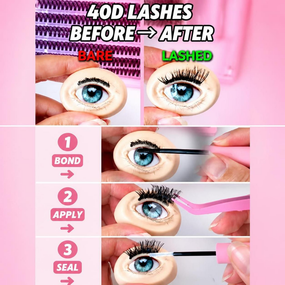 Before and after comparison showing the difference SJLASHES 40D cluster lashes add to a DIY mega volume eye look