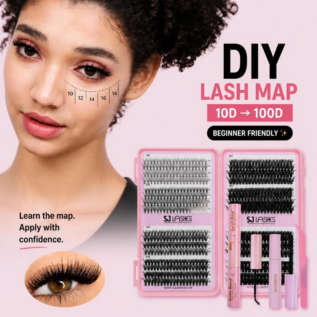 SJLASHES Mega Volume Mastery Cluster Lashes Kit showing 10D to 100D PBT fiber DIY lash extensions with bond and seal, gentle lash remover and precision applicator for soft salon-quality at-home lash mapping