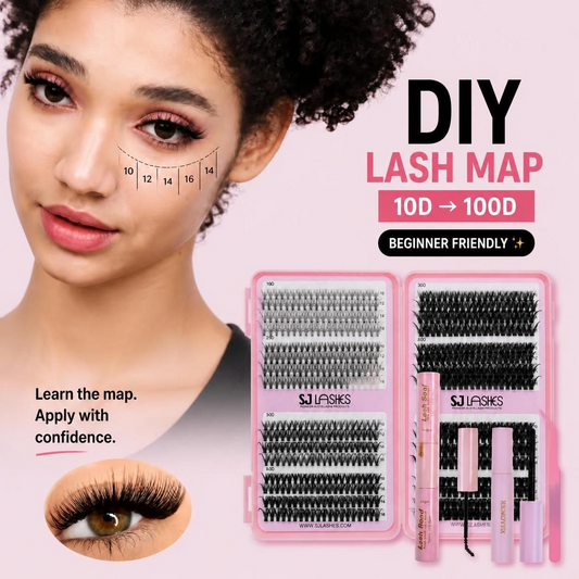 SJLASHES Mega Volume Mastery Cluster Lashes Kit showing 10D to 100D PBT fiber DIY lash extensions with bond and seal, gentle lash remover and precision applicator for soft salon-quality at-home lash mapping