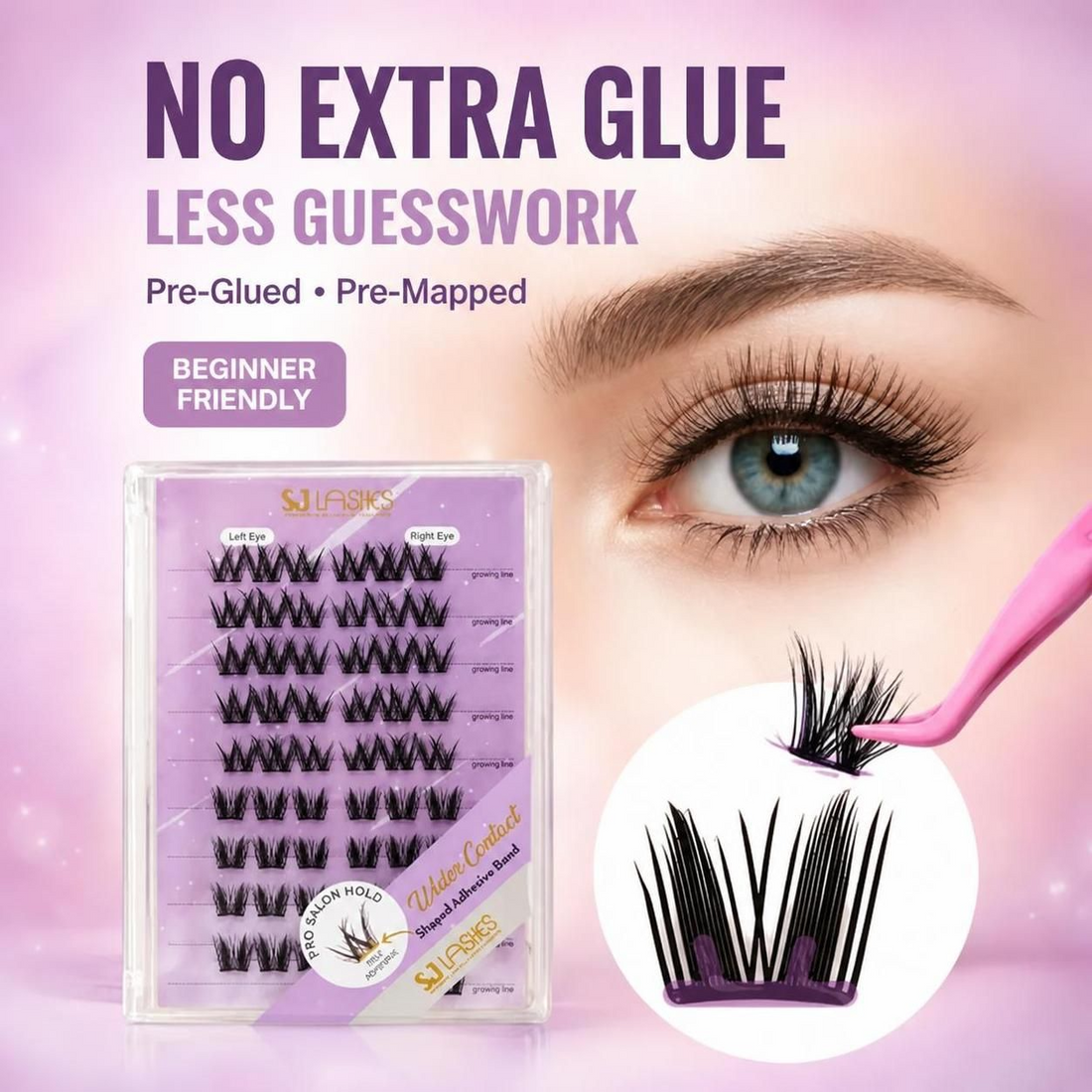 Woman wearing black lash clusters and holding a purple SJ LASHES tray, showing the finished lash look in a pink room.